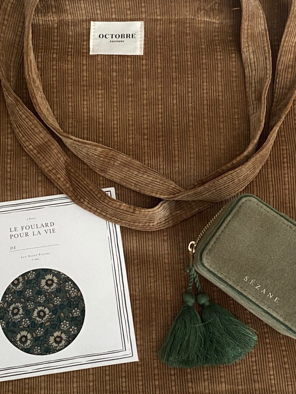 Sezane Tote, Jewelry Box & Scarf - Earthy Greens & Browns